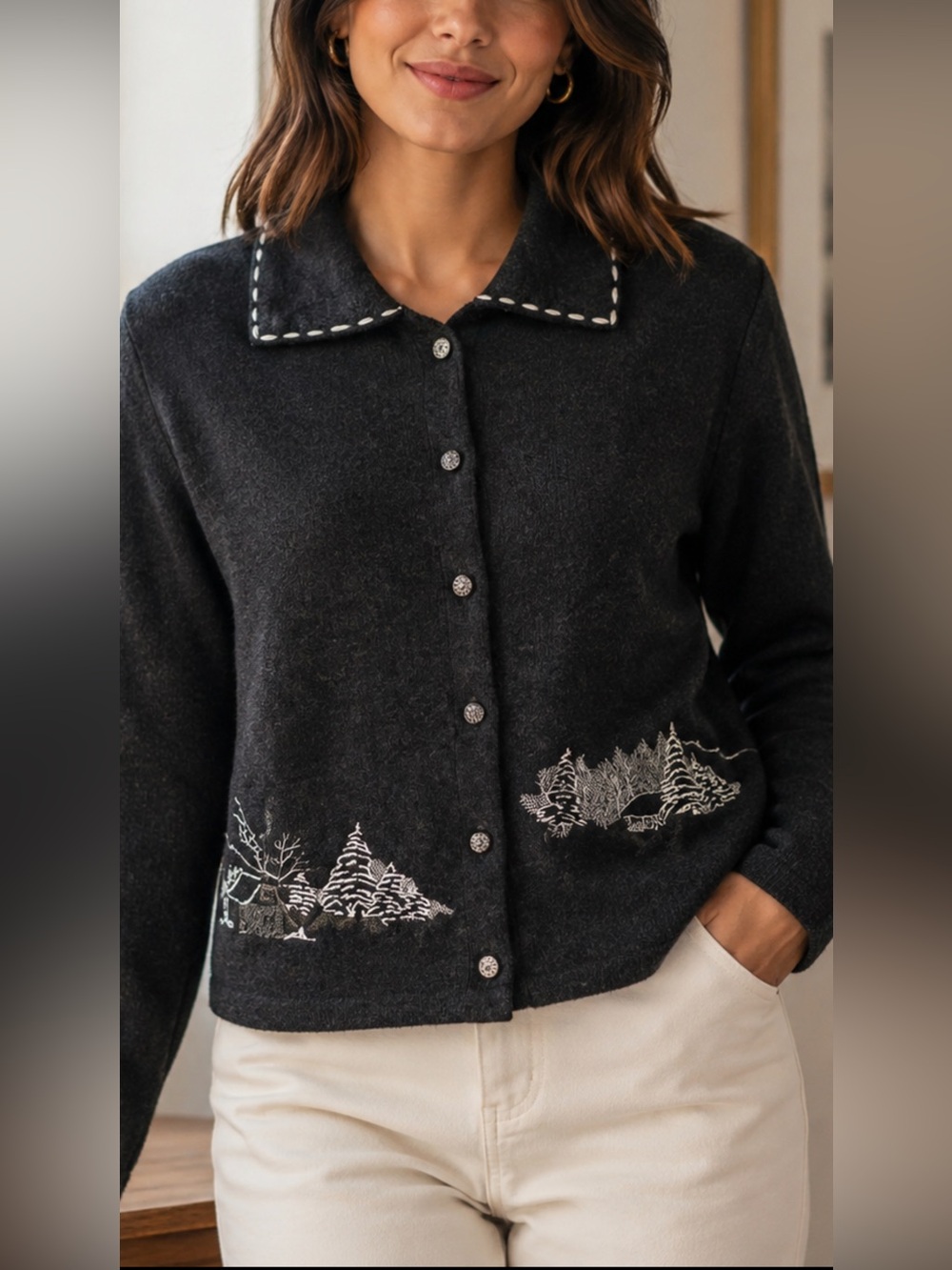Woolrich Women’s 100% Wool Embroidered Cabin Cardigan Sweater Charcoal Gray S